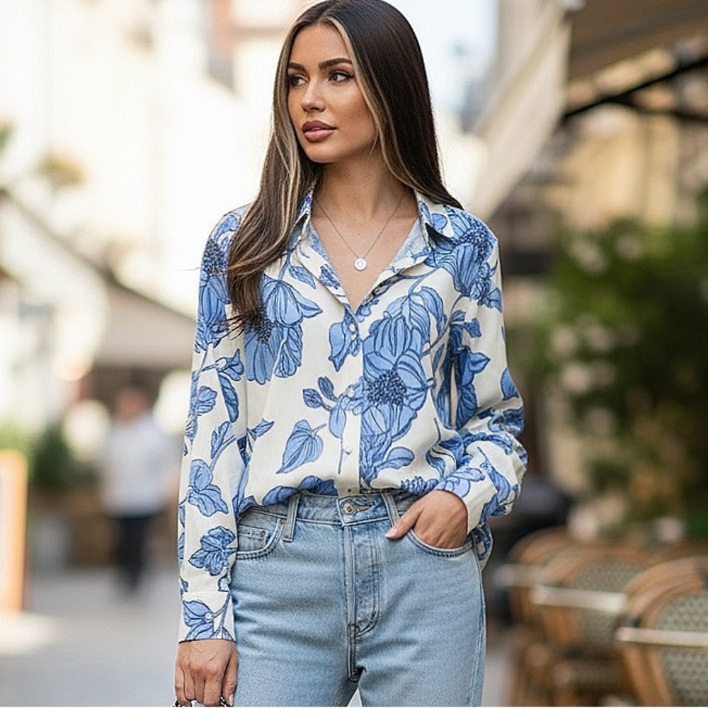 NWT - Floral Blue and White Button Down Shirt